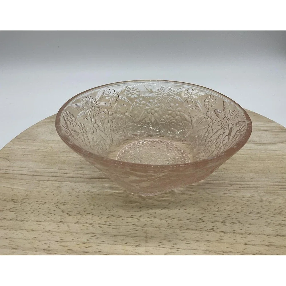 Vintage Pink Depression Glass Serving Bowl Floral Pressed Pattern Unmarked Decor